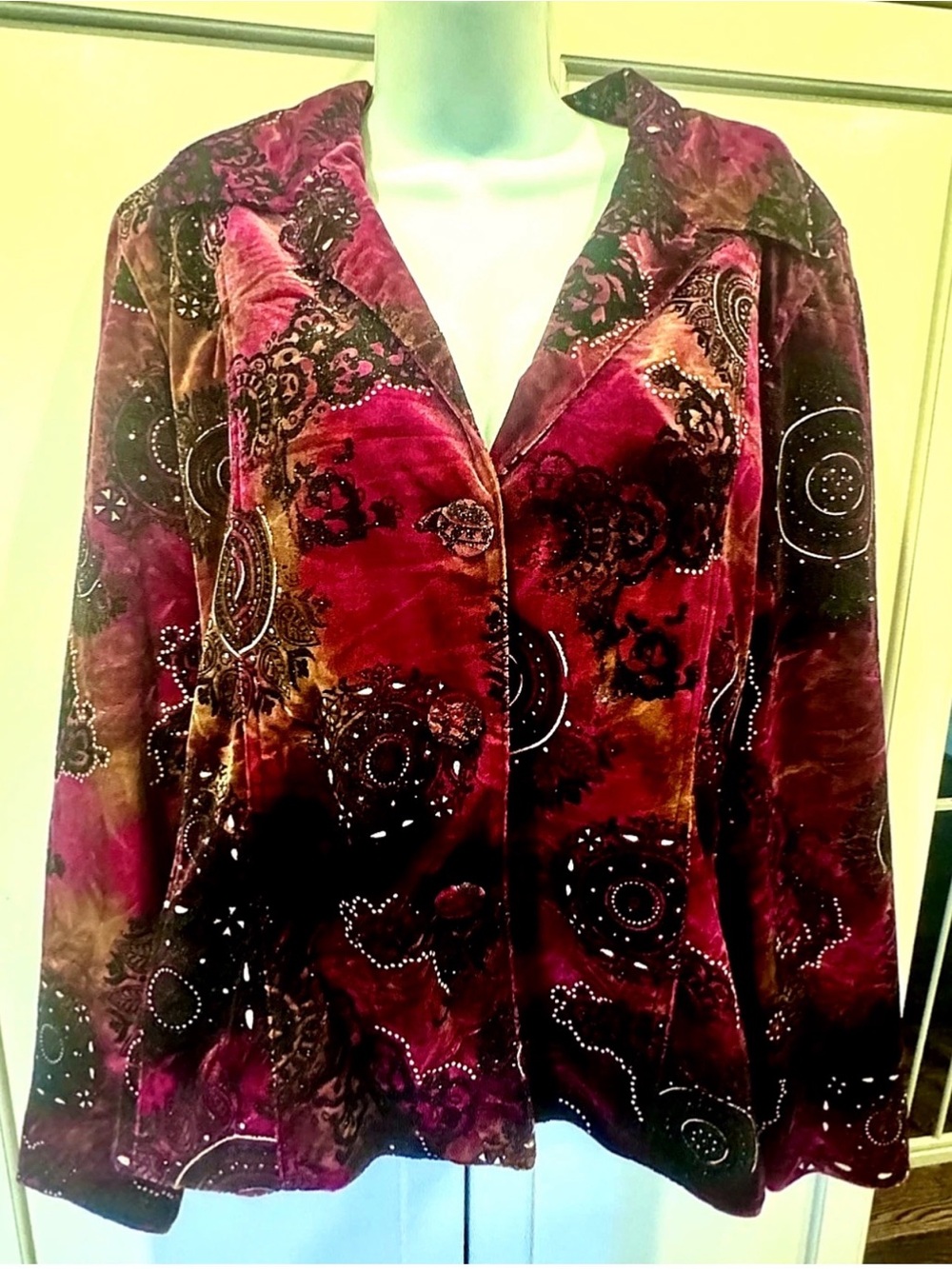 💓CHICO’S💓 VELVET OMBRE GEO BLING CUFF SLITS COVERED BUTTON BLAZER JACKET